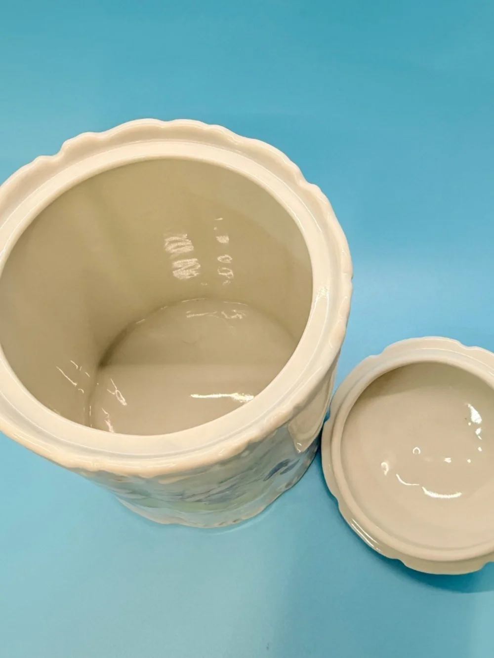 Vintage Porcelain Embossed Biscuit Jar & Lid Handpainted w Pastel Floral Motifs